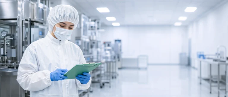 Cleanroom technician reviewing information on a tablet in a controlled laboratory environment