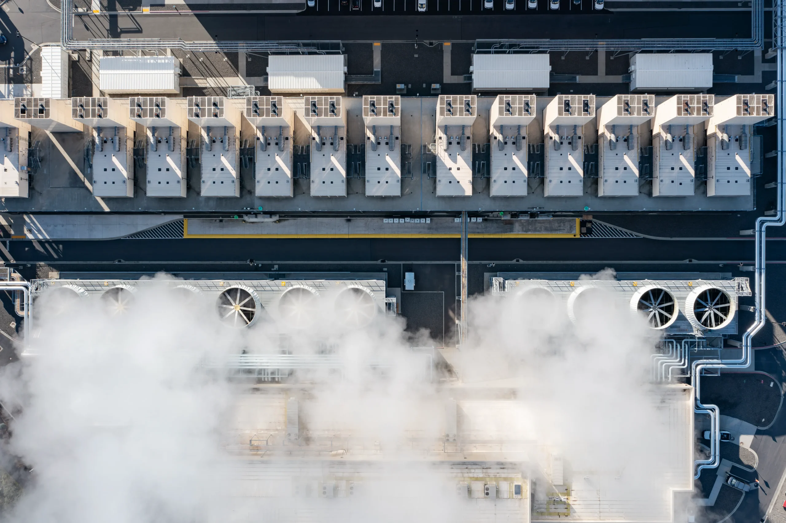 Large data centre cooling and electrical infrastructure viewed from above
