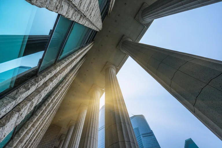 Modern government or civic building viewed from below