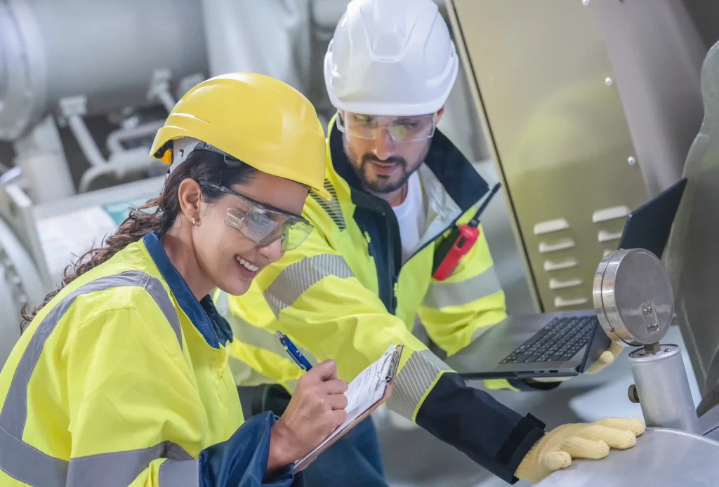 Commissioning engineers reviewing equipment and recording project information