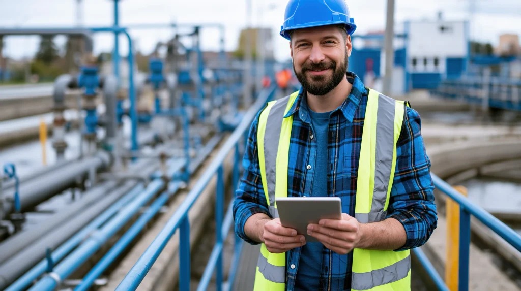 Commissioning engineer wearing safety gear and using a tablet on an industrial site